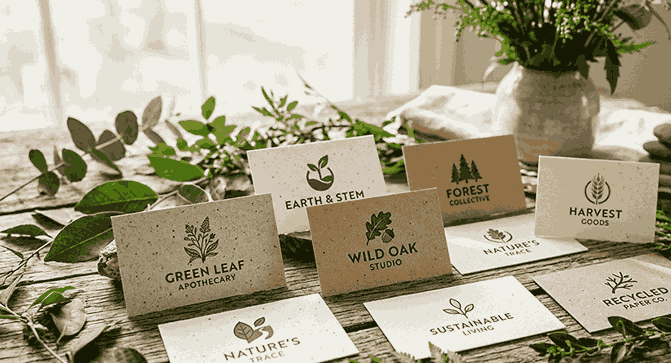 A flat lay photograph of multiple eco-friendly business cards made from recycled, speckled paper, arranged organically on a rustic wooden table with fresh green foliage, leaves, and a potted plant in soft natural daylight. The cards showcase various natural-themed logos and brand names, including "GREEN LEAF APOTHECARY," "WILD OAK STUDIO," "FOREST COLLECTIVE," "HARVEST GOODS," "EARTH & STEM," "NATURE'S TRACE," "SUSTAINABLE LIVING," and "RECYCLED PAPER CO." and "NATURE'S TRACE."
