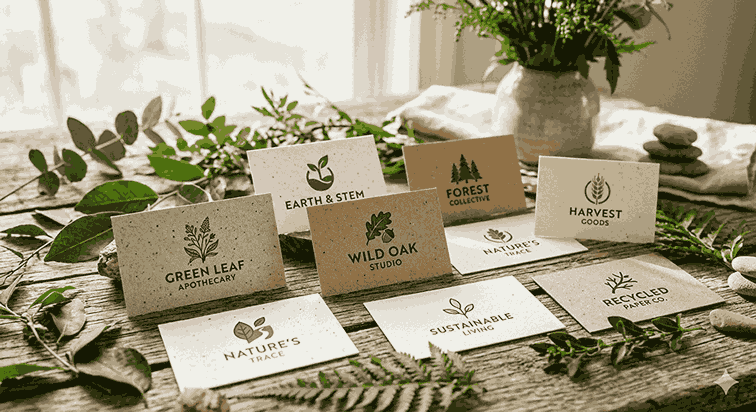 A flat lay photograph of multiple eco-friendly business cards made from recycled, speckled paper, arranged organically on a rustic wooden table with fresh green foliage, leaves, and a potted plant in soft natural daylight. The cards showcase various natural-themed logos and brand names, including "GREEN LEAF APOTHECARY," "WILD OAK STUDIO," "FOREST COLLECTIVE," "HARVEST GOODS," "EARTH & STEM," "NATURE'S TRACE," "SUSTAINABLE LIVING," and "RECYCLED PAPER CO." and "NATURE'S TRACE."