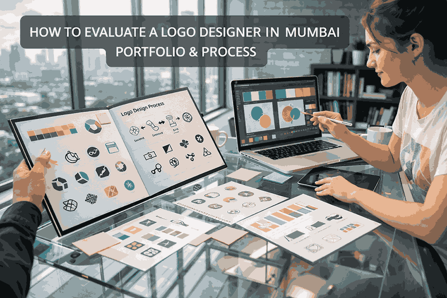Evaluating a logo designer in Mumbai portfolio and design process in a modern glass office workspace