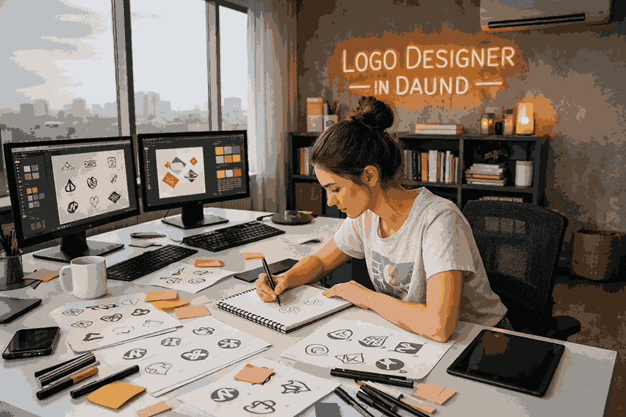 Female logo designer in Daund sketching logo ideas at a modern studio desk with computer screens and design tools