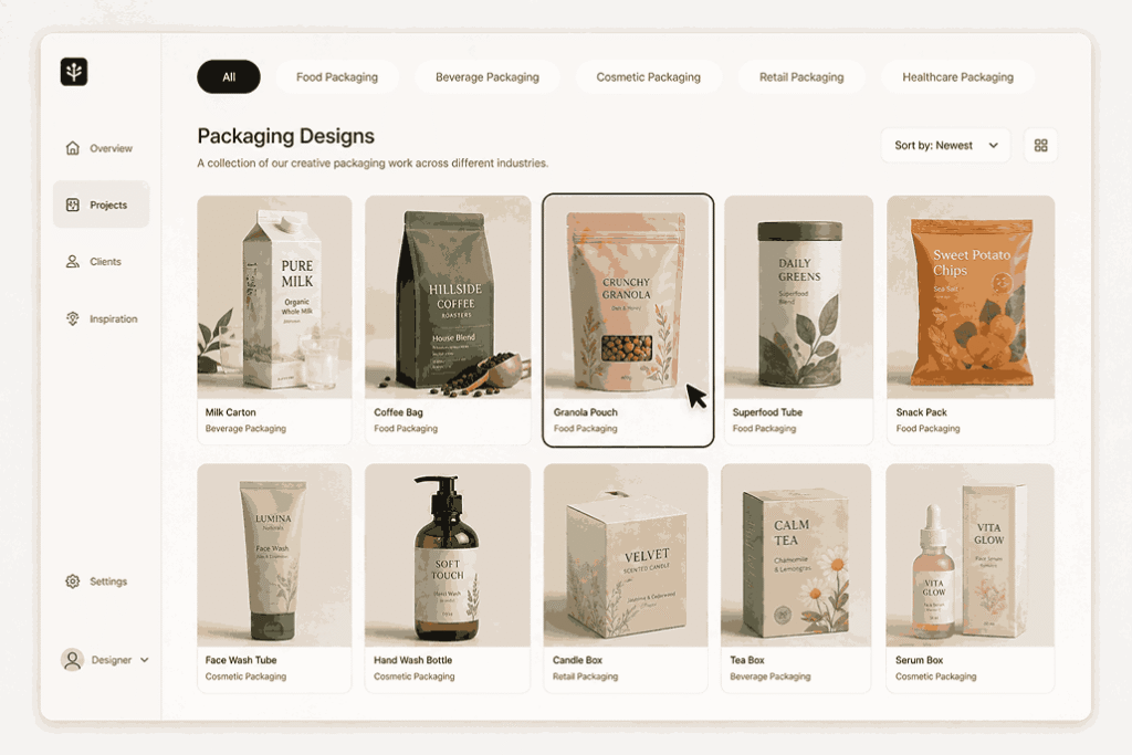 Figma style packaging design dashboard showing grid of food cosmetic and retail packaging mockups