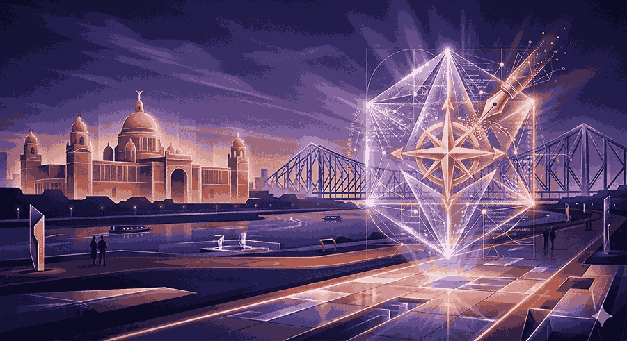 A cinematic, 8k resolution 3D illustration for a logo designer featuring a minimalist Kolkata skyline with the Victoria Memorial and Howrah Bridge in terracotta and violet light, centered by a translucent geometric structure with a golden compass and fountain pen nib.