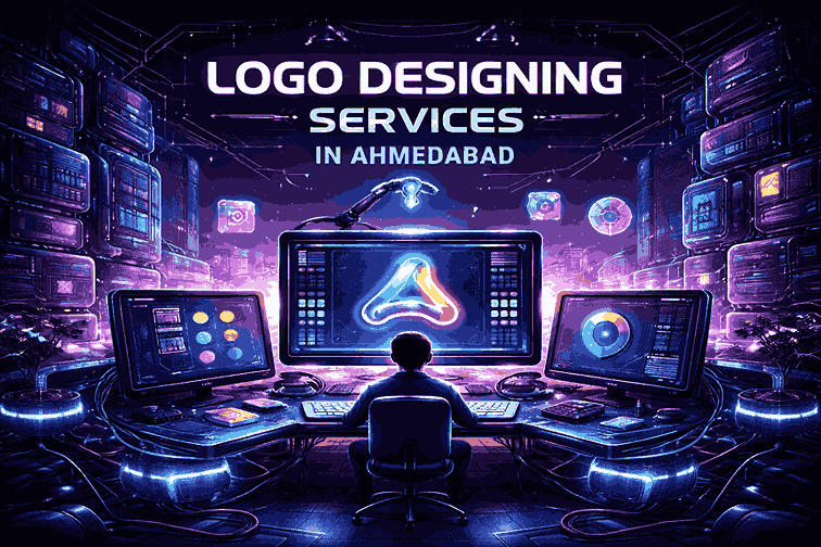 Futuristic cyber-tech illustration of a professional logo designer working on a neon digital interface showcasing logo design services in Ahmedabad with advanced creative tools