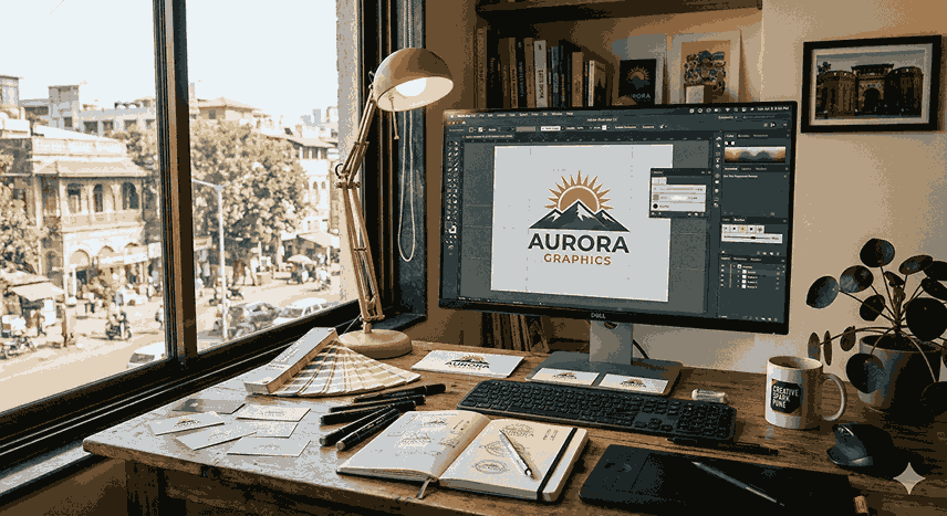 A professional graphic design workspace in Pune, India, showing a Dell computer monitor with the "AURORA GRAPHICS" logo on screen, a Wacom tablet, a sketchbook with sketches, markers, and color swatches on a wooden desk. A window overlooks a Pune city street.