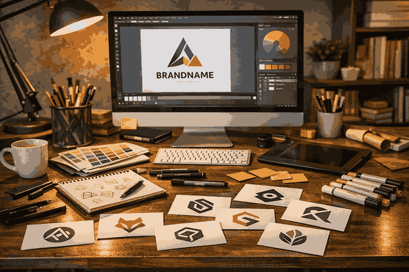 Professional graphic designer workspace with logo design software on monitor, printed logo cards, and creative tools on desk