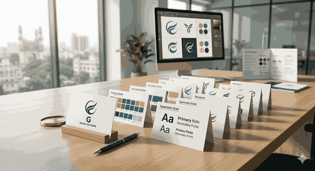 Best logo designer in Hyderabad discussing logo portfolio with the clients