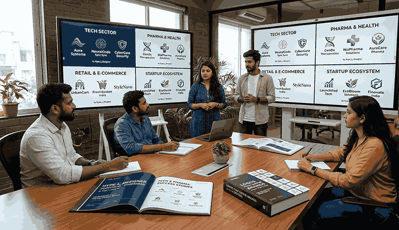 A diverse team of logo designers in a modern Hyderabad office presents brand identity concepts to clients. A large screen and open portfolio books display specific logo categories for Tech, Pharma, Retail, and Startup industries, showcasing the work of Hyderabad's best branding agency.