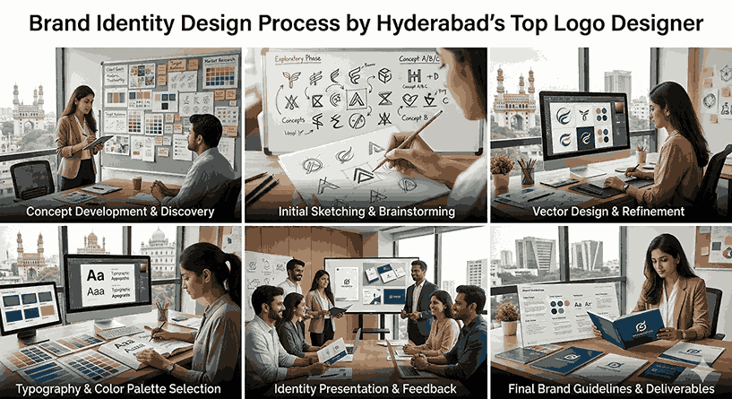 A 6-step visual guide showcasing the complete brand identity design process, from discovery to final guidelines, by Hyderabad's top logo designer.