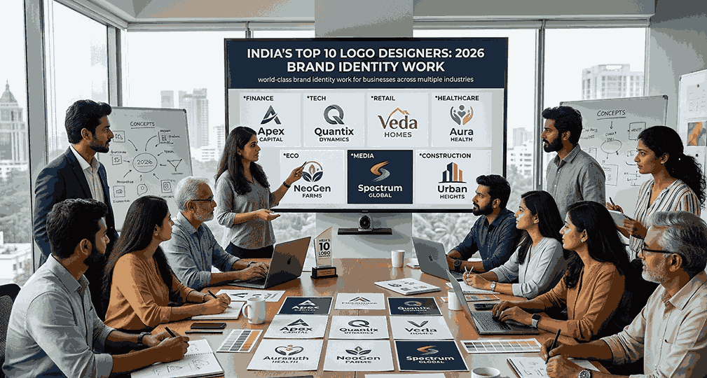A diverse team of ten Indian brand identity designers in a modern corporate meeting room, collaborating and presenting logo concepts on a large screen and physical printouts for various industries like Finance, Tech, and Healthcare in 2026.