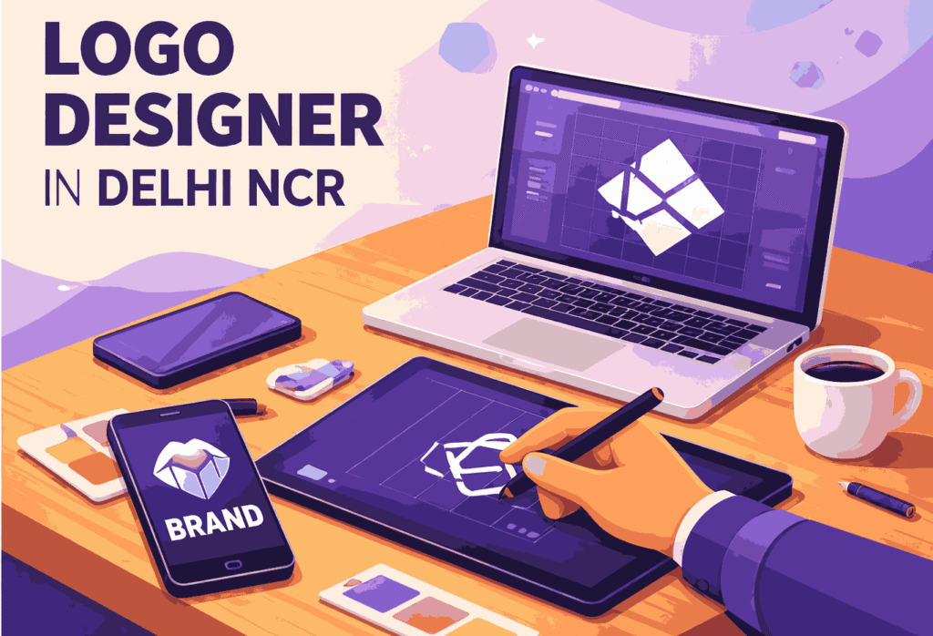 Isometric 3D illustration of a logo designer in Delhi NCR with laptop, tablet, smartphone showing brand logo design process