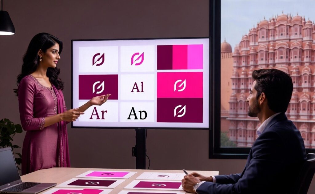 Professional logo designer in Jaipur presenting vibrant pink and maroon brand identity concepts and color palette to a business client during a branding strategy session