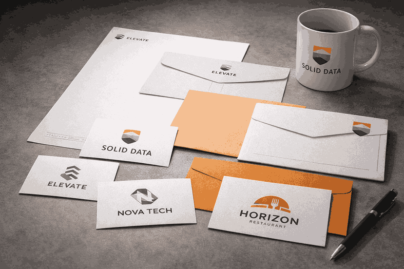 Creative branding stationery set with logo design on business cards, envelopes, and coffee mug in modern studio setup