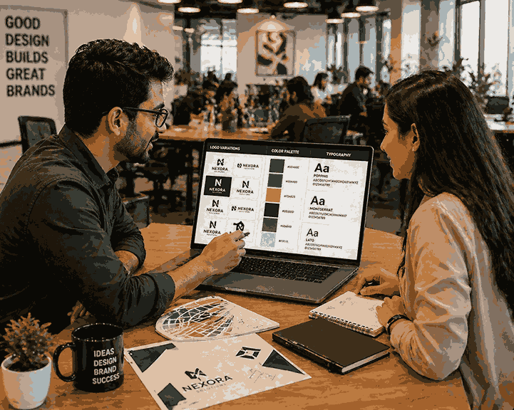 Logo designer explaining branding ideas with color palettes and logo variations to client in co-working office