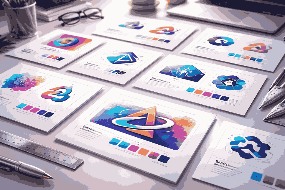 Multiple logo design cards arranged in a perspective view on a modern desk with soft lighting, showcasing colorful branding concepts and professional 3D mockup presentation