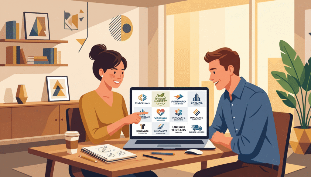 Logo designer presenting diverse logo portfolio to client on laptop in modern office meeting setting