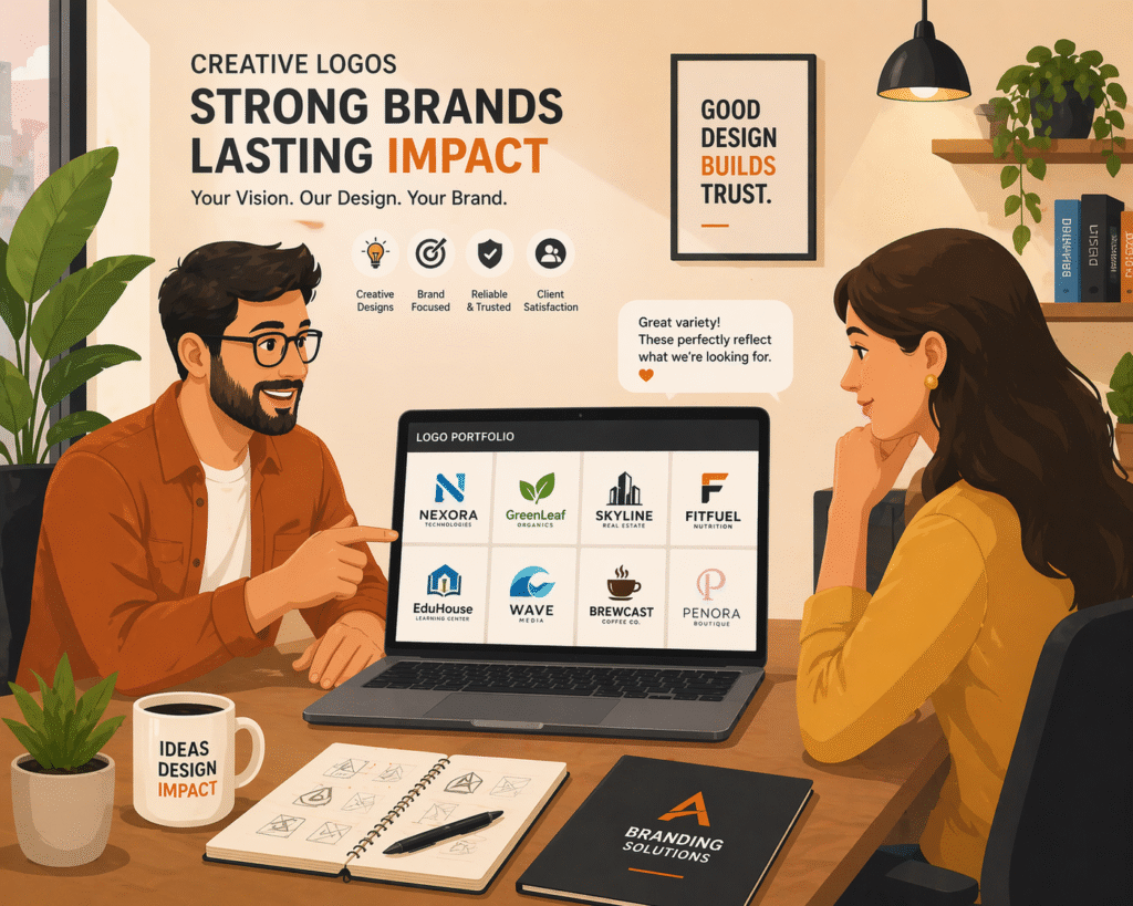 Logo designer presenting diverse logo portfolio to client on laptop in modern office meeting with plant and decor