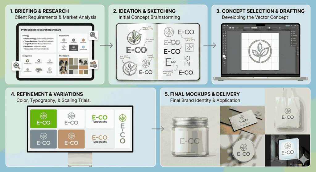 Logo design process collage showing steps from sketching to final mockup presentation
