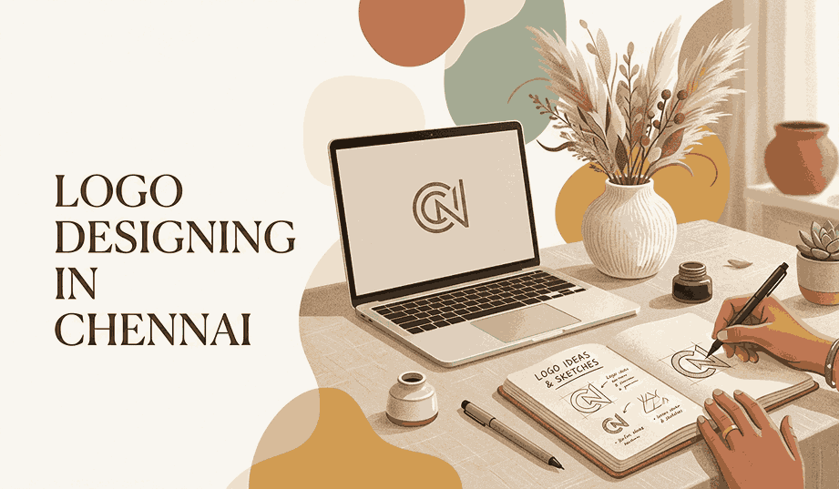 A refined flat illustration of a logo designer in Chennai, workspace in Chennai, featuring a laptop with a geometric logo, pampas grass in a ceramic vase, and a hand sketching in a linen notebook.