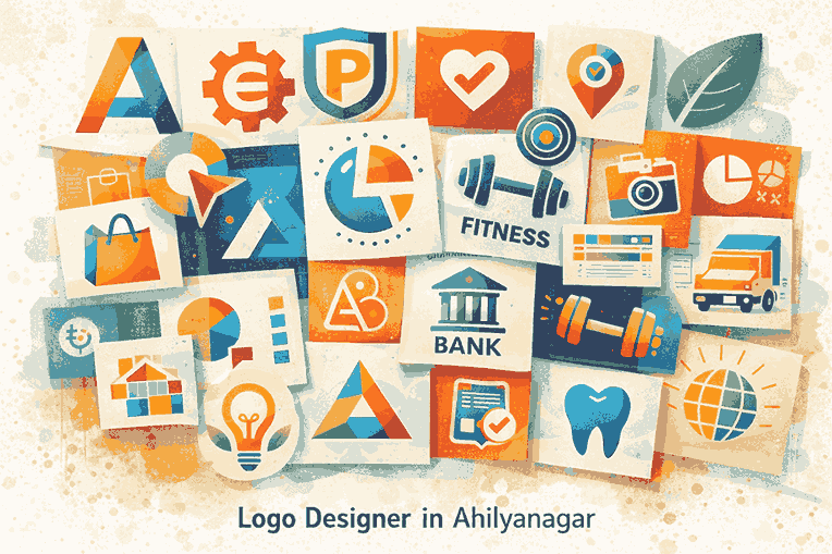 Logo designer in Ahilyanagar portfolio collage showcasing diverse logo designs with icons typography and brand marks