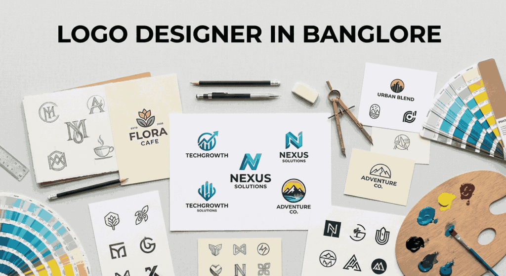 Top-down flat lay view of a modern logo designer's workspace in Bangalore, featuring various logo design sketches, professional branding tools like pencils, a compass, Pantone color swatches, and a paint palette on a clean grey background.