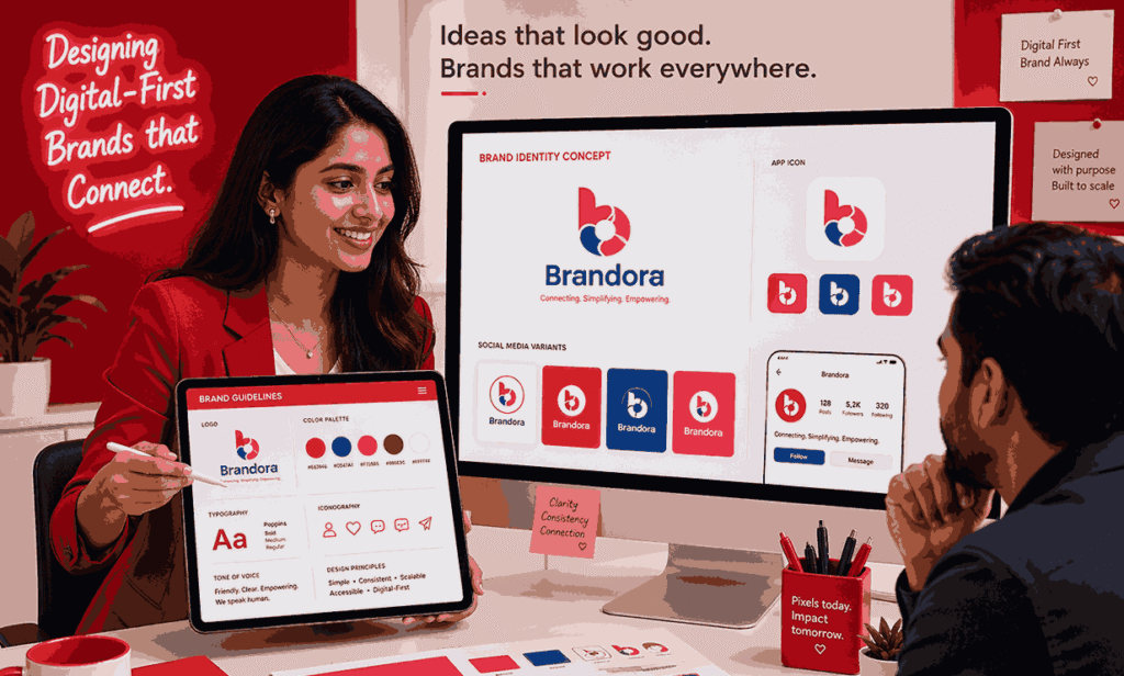 Logo designer in Bangalore presenting digital-first brand identity concepts on tablet and computer including app icons, social media designs and brand guidelines