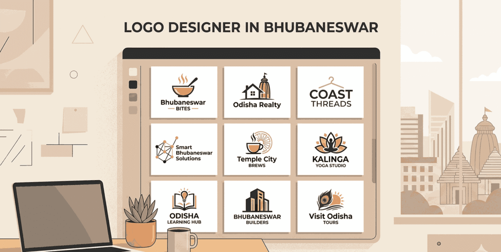 Logo designer in Bhubaneswar portfolio showcase with grid layout displaying logos from food real estate fashion and tech industries