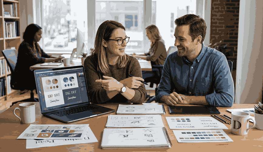 Logo designer collaborating with client on laptop showing logo concepts color palette and typography in modern office