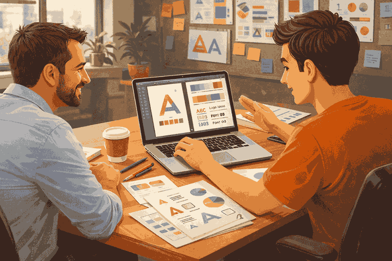 Logo designer collaborating with client on laptop showing color palette and typography in modern office workspace