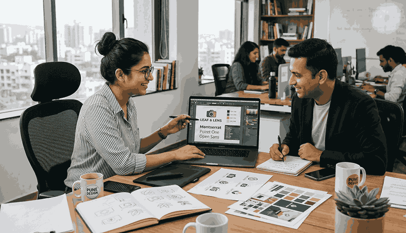 Logo designer collaborating with client on laptop showing logo concepts color palette and typography in modern office