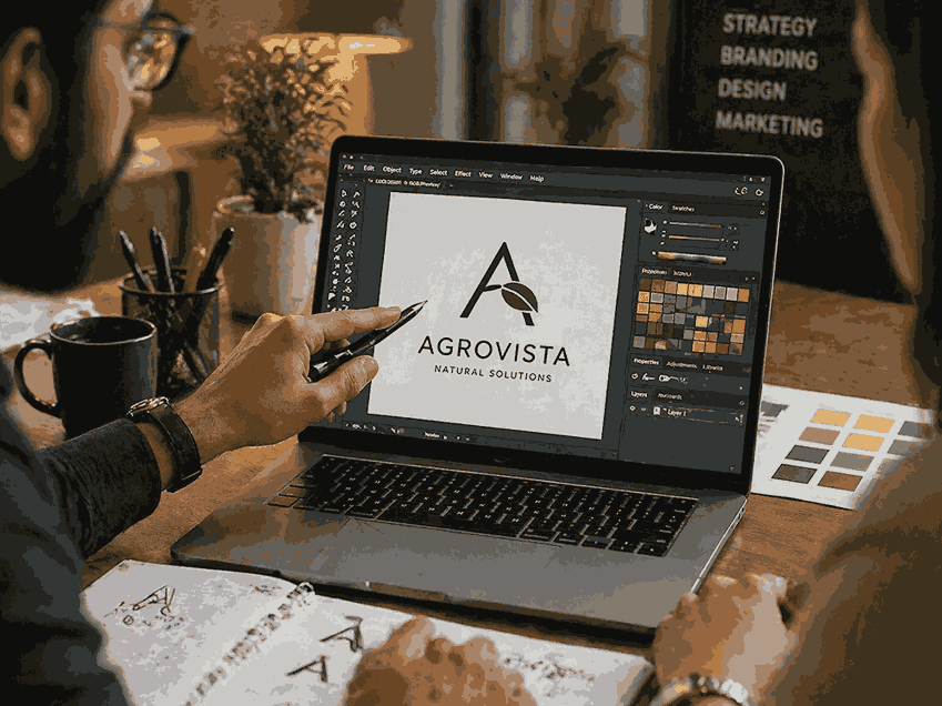 Graphic designer pointing at laptop screen with logo design software and color palette while discussing with client