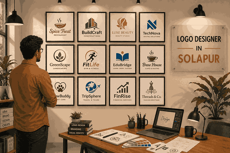 Graphic designer pointing at laptop screen with logo design software and color palette while discussing with client in modern office