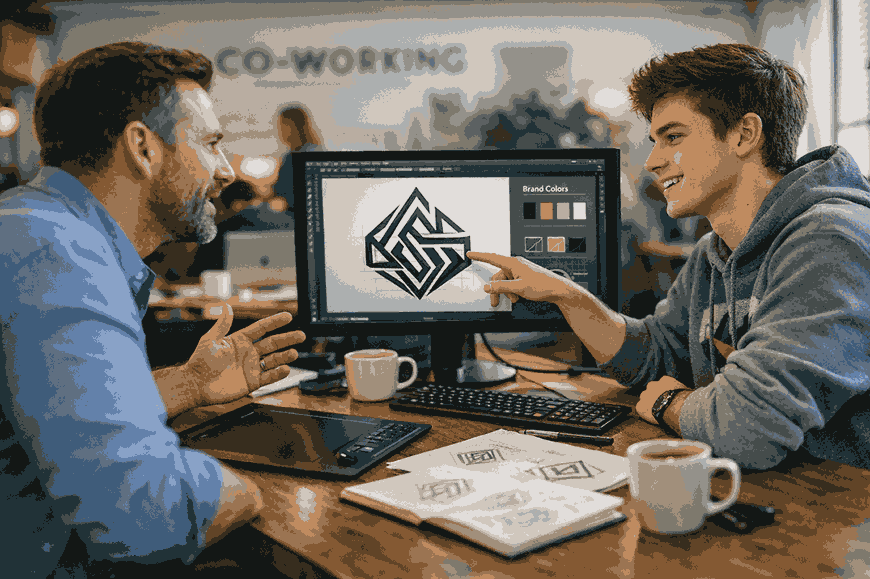 Logo designer discussing brand identity concept with client on computer screen in a modern co-working space