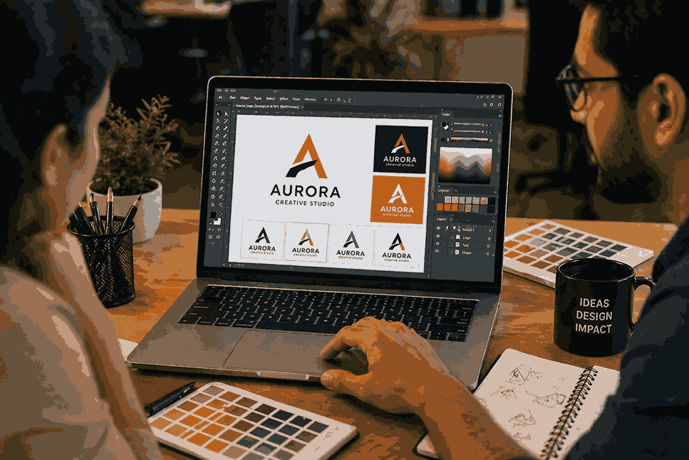 Professional logo designer presenting logo concepts and color palette on laptop to client in modern workspace