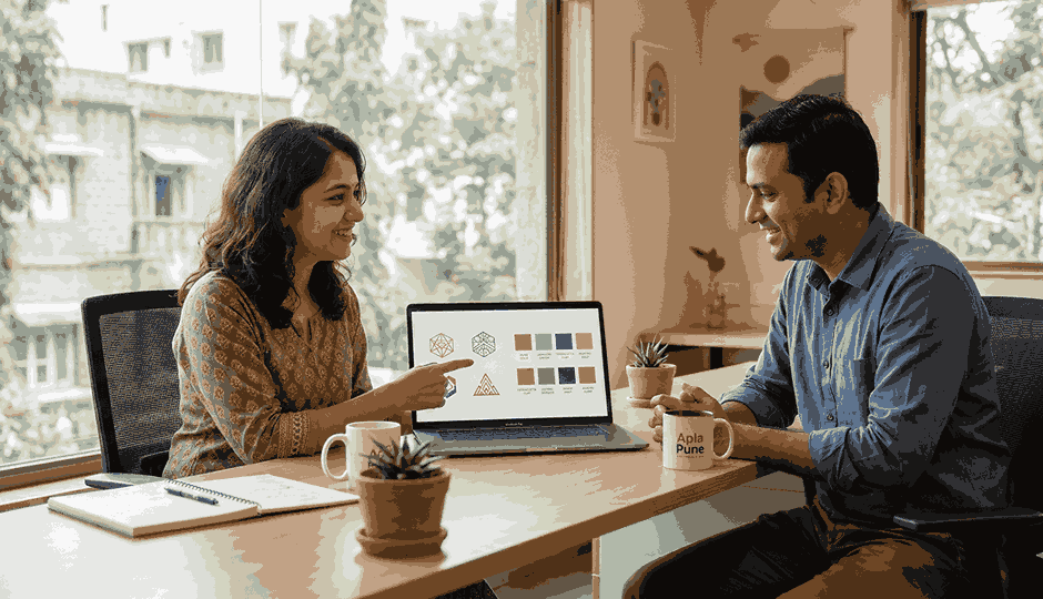 Logo designer presenting color palette and logo drafts to client on laptop in friendly modern office