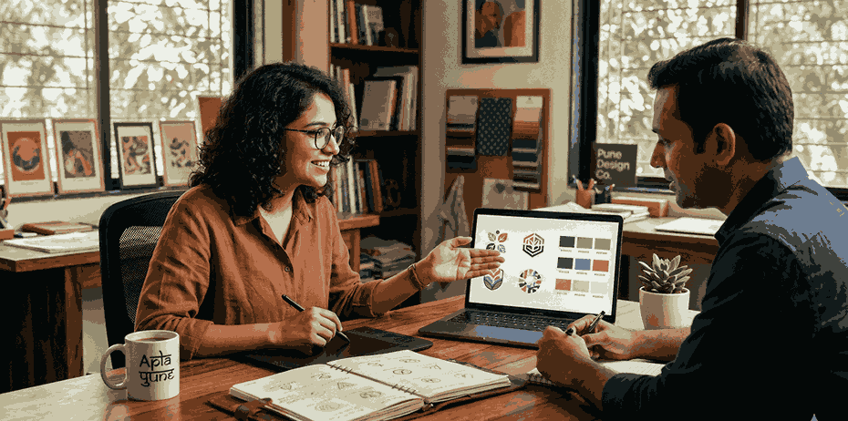 Logo designer presenting multiple logo concepts and color palettes to client on laptop in creative studio