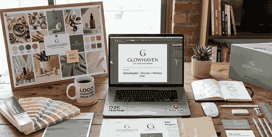 A professional logo designer's desk in Delhi NCR, featuring a MacBook with a D2C startup logo concept, Pantone color guides, a mood board, and branding sketches, creating a brand identity for "GLOWHAVEN."