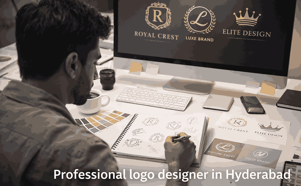 Professional logo designer in Hyderabad working on brand identity design, sketching logo concepts with computer and branding materials in modern workspace