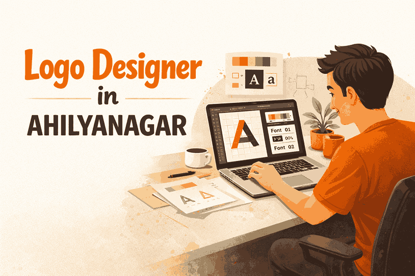 Logo designer in Ahilyanagar blog cover with designer using laptop and tablet showing logo design UI grid shapes and typography