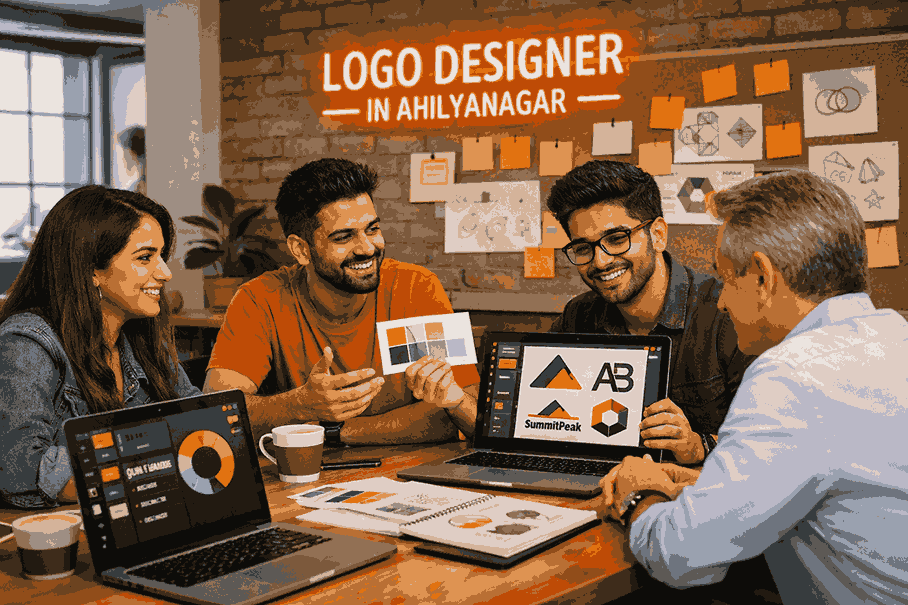 Logo designer in Ahilyanagar startup team discussing logo ideas with client in co-working space with branding boards