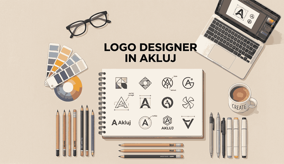 Flat lay illustration of logo designer workspace with sketchbook, branding tools and text Logo Designer in Akluj