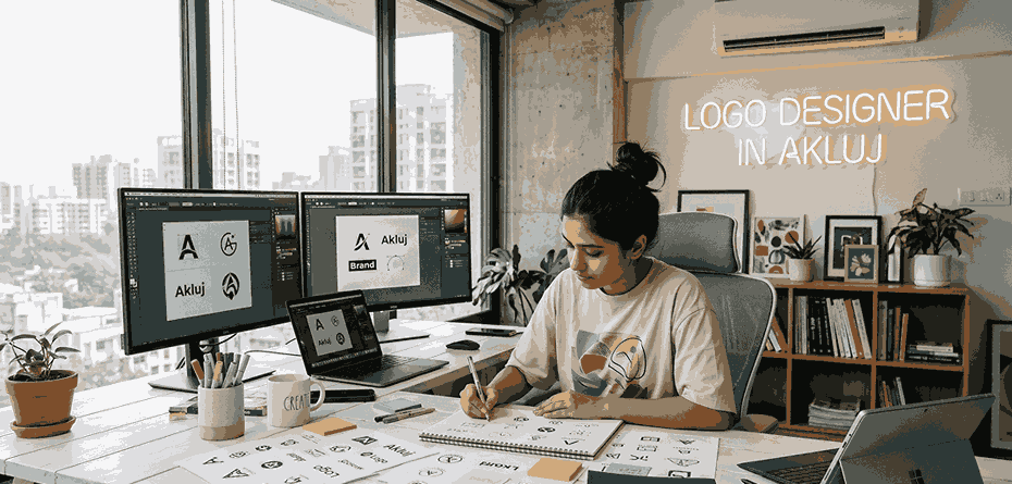 Young female logo designer sketching logo concepts in modern studio workspace with dual monitors and creative tools in Akluj
