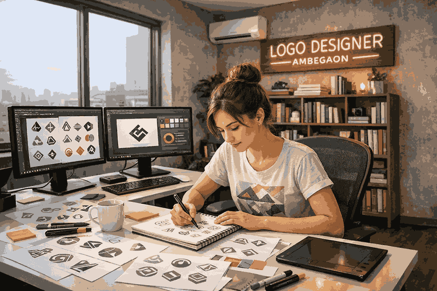 Young female logo designer sketching logo ideas in a modern studio workspace with dual monitors and creative tools in Ambegaon