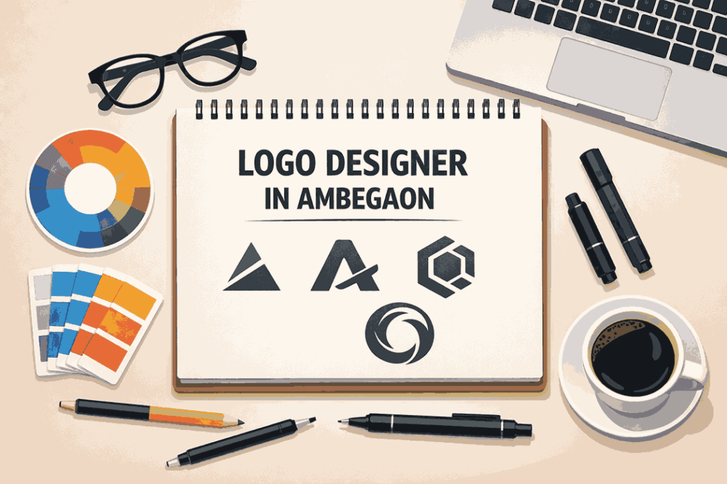 Logo designer in Ambegaon workspace flat lay with sketchbook, laptop, color swatches and branding tools