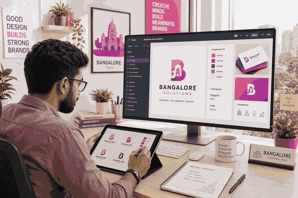 Logo designer in Bangalore working on tablet and desktop using Figma in a bright morning creative studio with pink and purple brand identity design
