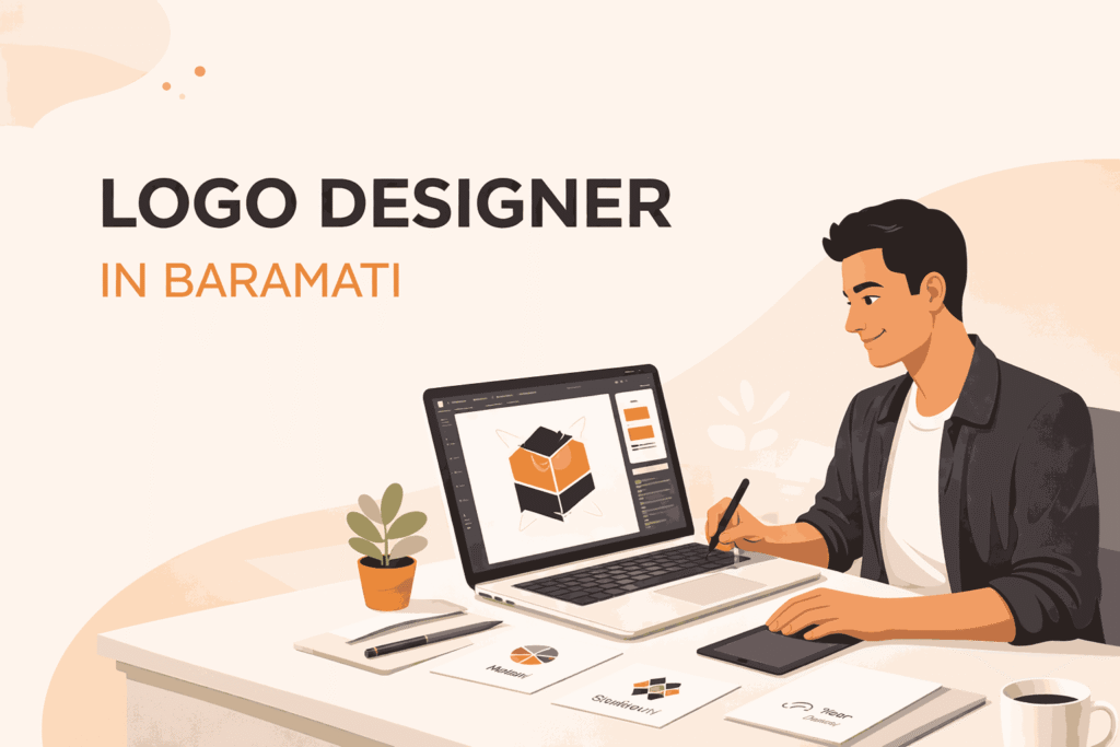 Logo designer in Baramati creating modern logo design on laptop using stylus in a minimalist workspace illustration