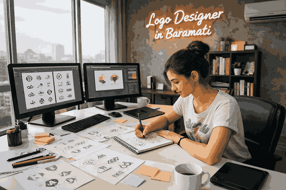 Logo designer in Baramati creating unique branding concepts while sketching logo ideas in a modern creative studio