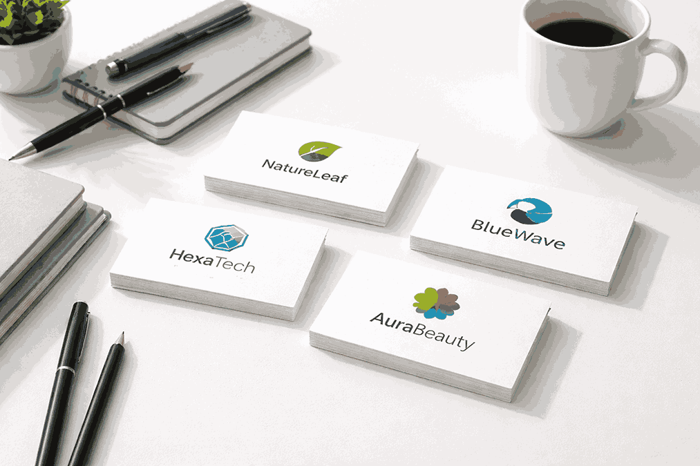 Minimalist business card logo designs on white desk created by a Logo designer in Baramati with focus on typography and branding