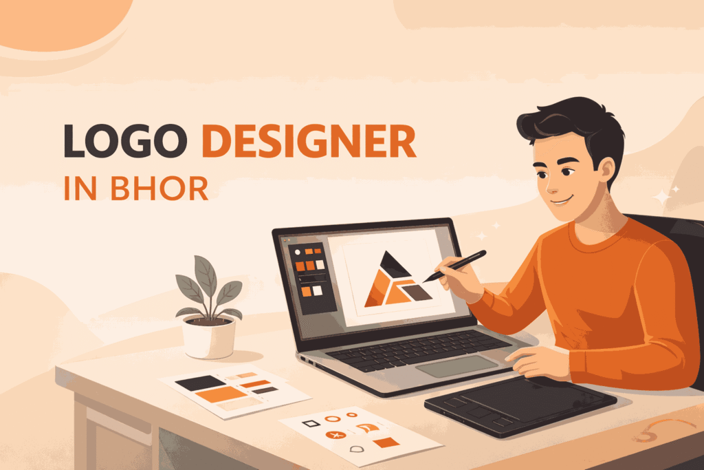 Modern flat illustration of a logo designer in Bhor working on a laptop creating geometric logo design in a clean workspace