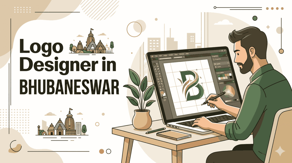 Logo designer in Bhubaneswar blog cover with designer using stylus on laptop showing logo design UI grids shapes and color palette