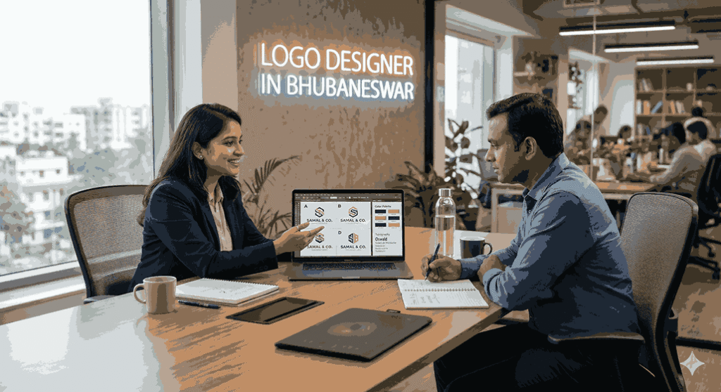 Logo designer in Bhubaneswar presenting logo concepts and color palette to client on laptop in modern office